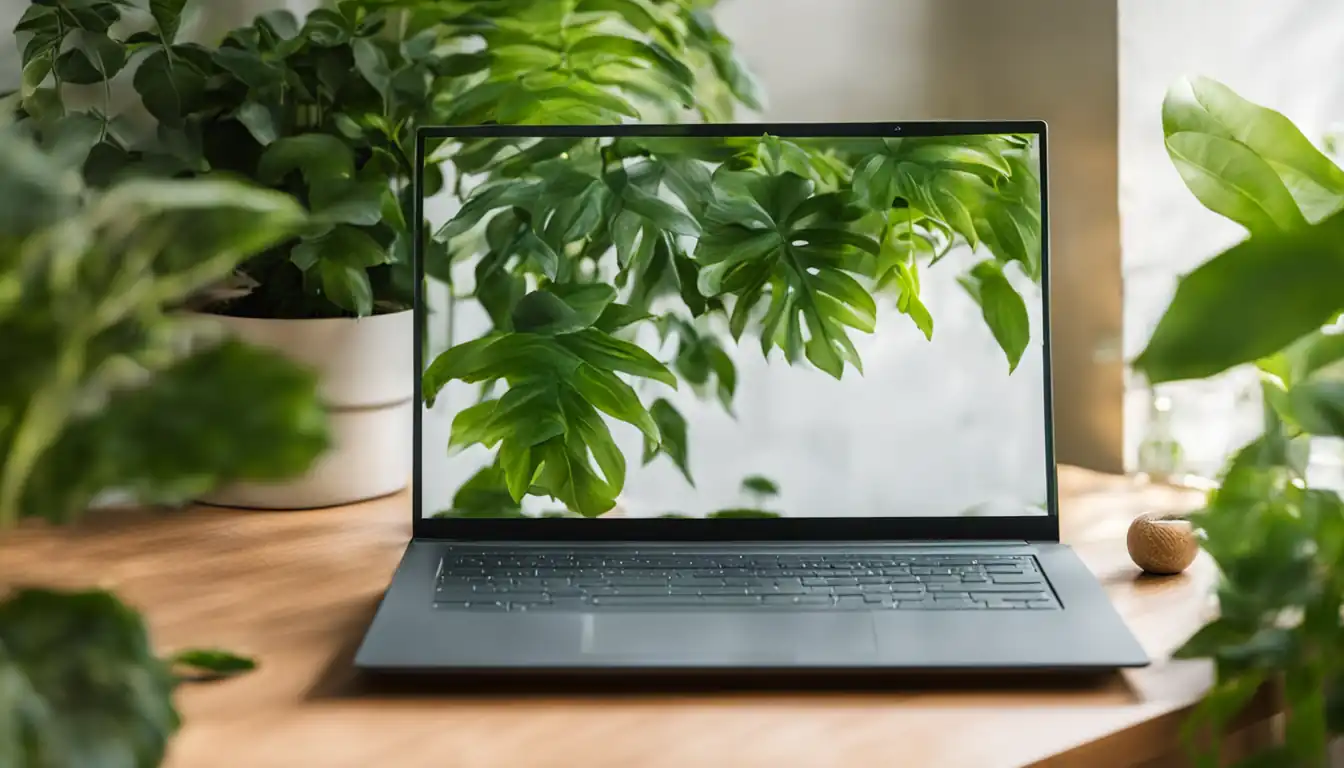 A modern, sleek laptop surrounded by vibrant green plants in a bright, sunlit room.