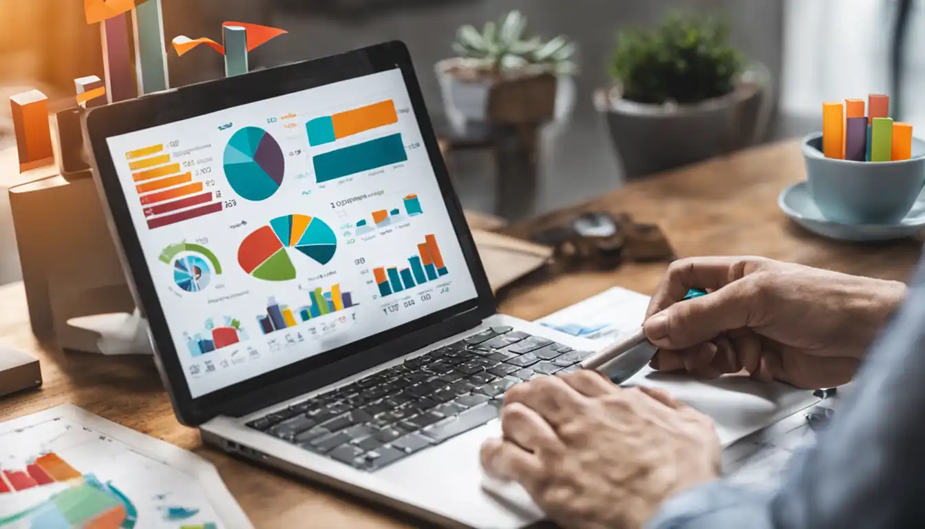 A person creating a visually appealing infographic with colorful charts and graphs on a laptop.