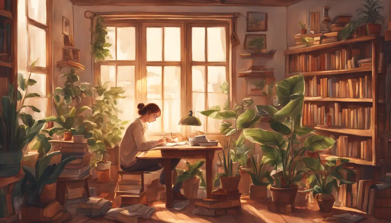 A person writing in a cozy, well-lit room surrounded by books and plants.