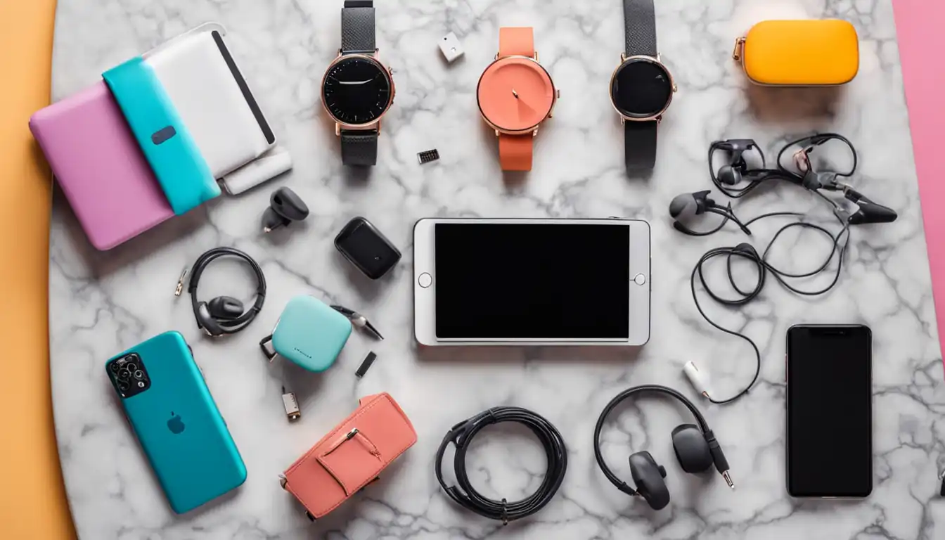 A colorful flat lay of trendy tech gadgets and accessories on a marble background.