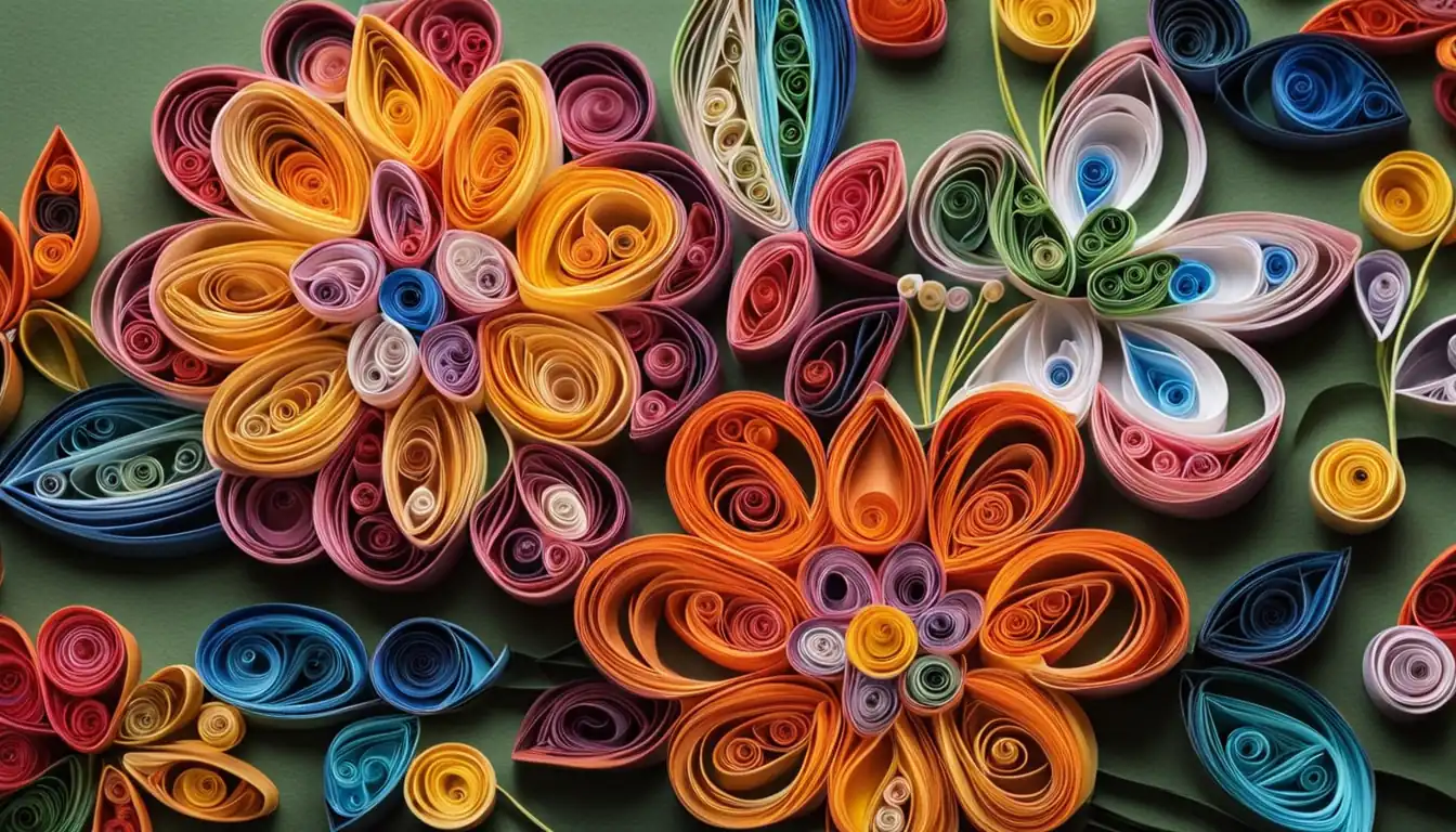A colorful and intricate paper quilling design of a blooming flower with delicate petals and vibrant colors.