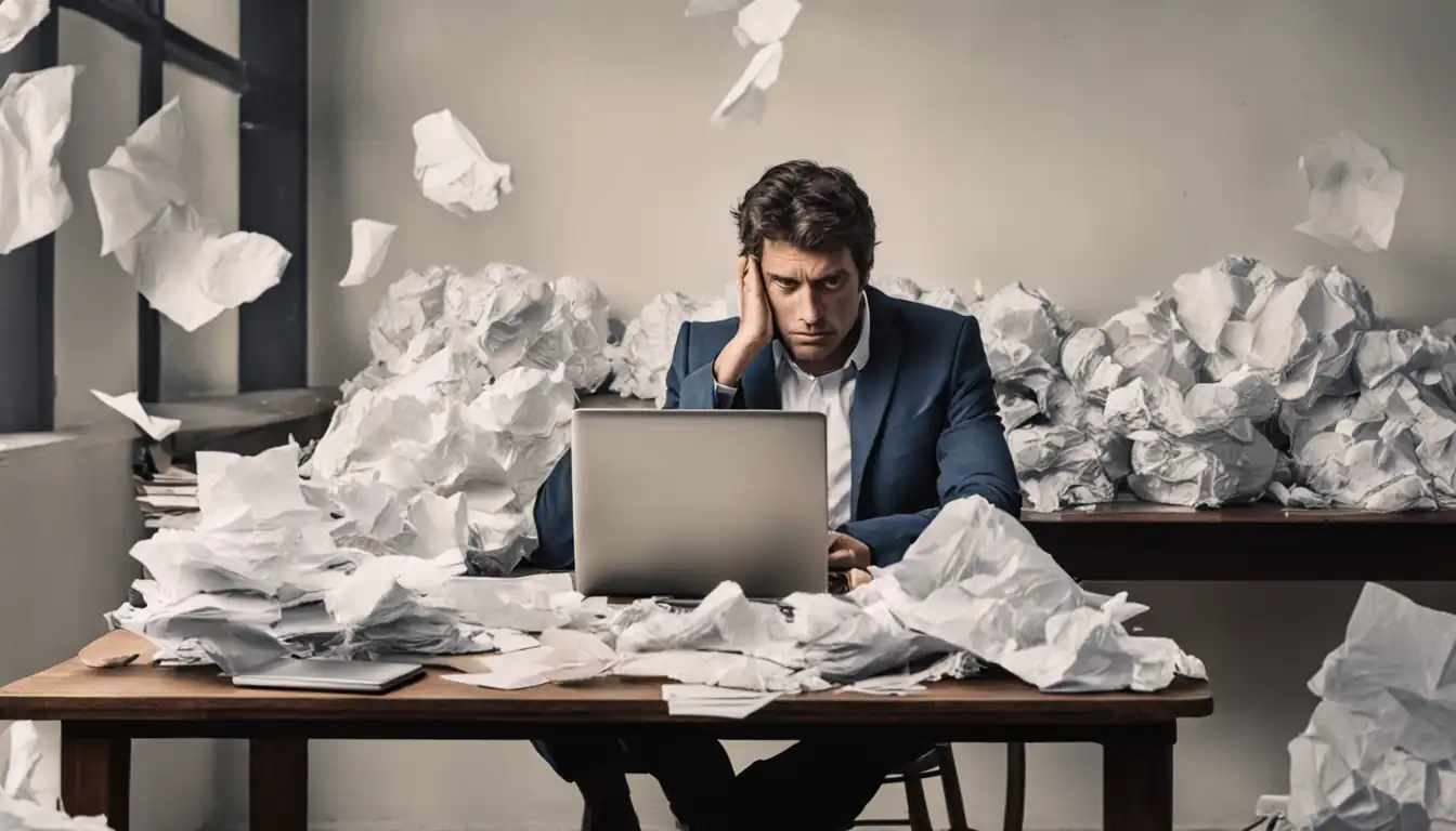 A person sitting at a desk surrounded by crumpled papers and a laptop, deep in thought.