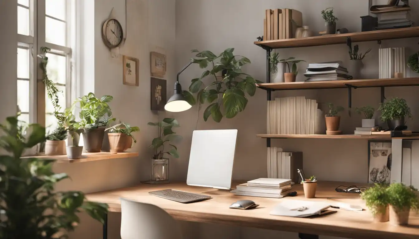 A cozy home office with a clutter-free desk, a potted plant, and natural light streaming in.