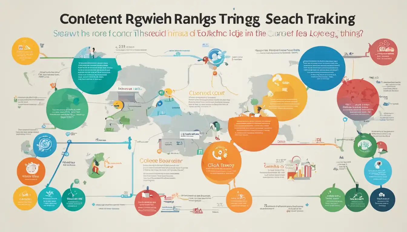 A colorful infographic showing the relationship between keywords, content, and search engine rankings.