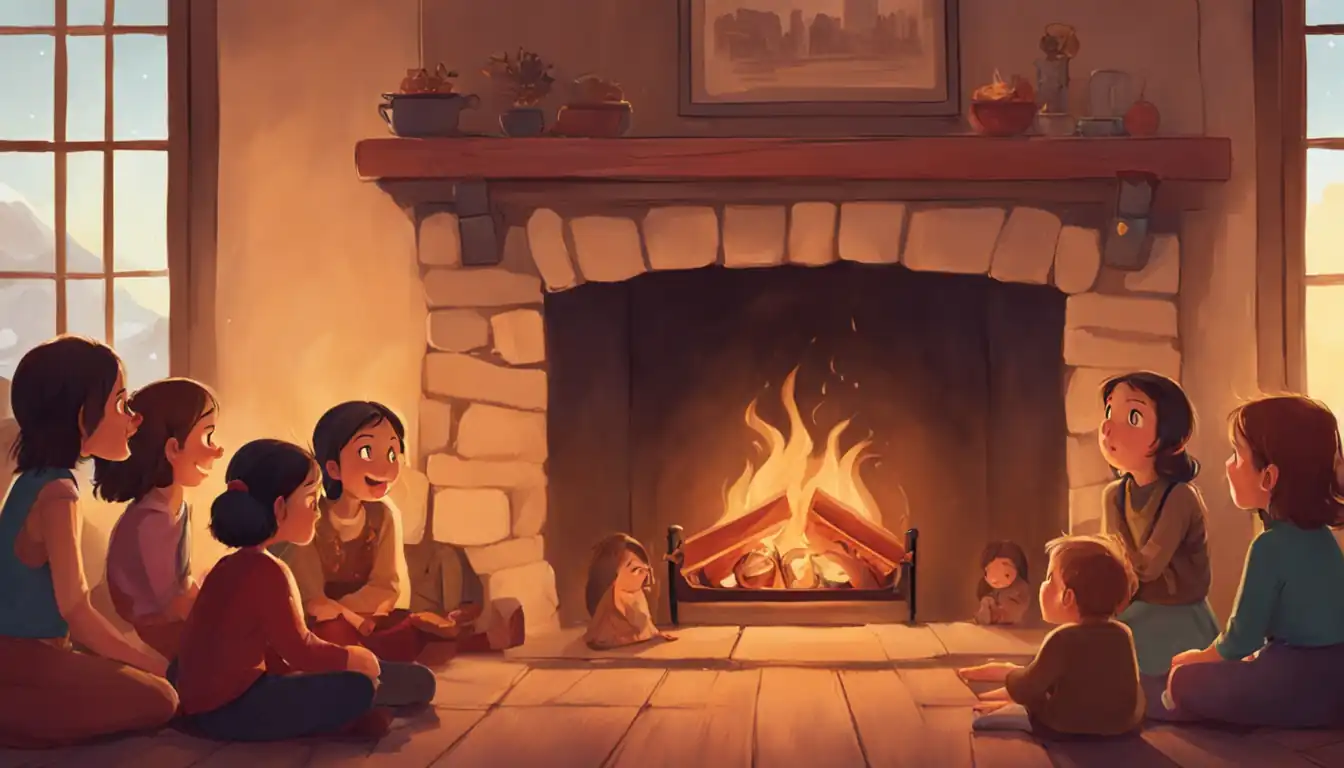 A young woman sitting by a cozy fireplace, telling stories to a group of captivated children.