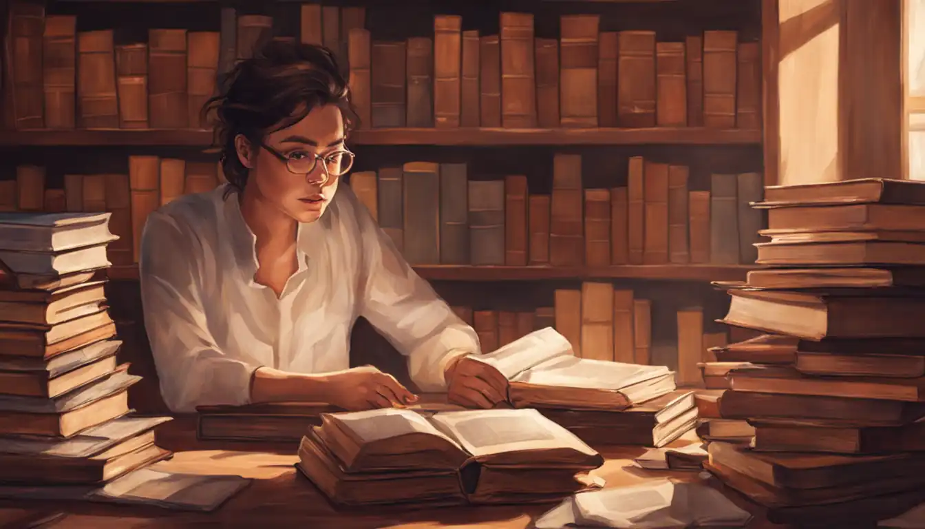A person surrounded by stacks of books, researching with a focused expression in a cozy library.