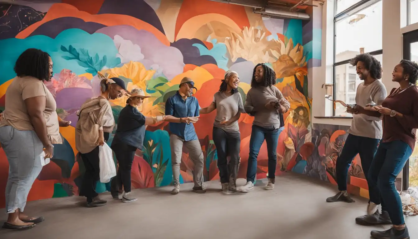 A diverse group of people collaborating on a colorful mural in a vibrant community space.