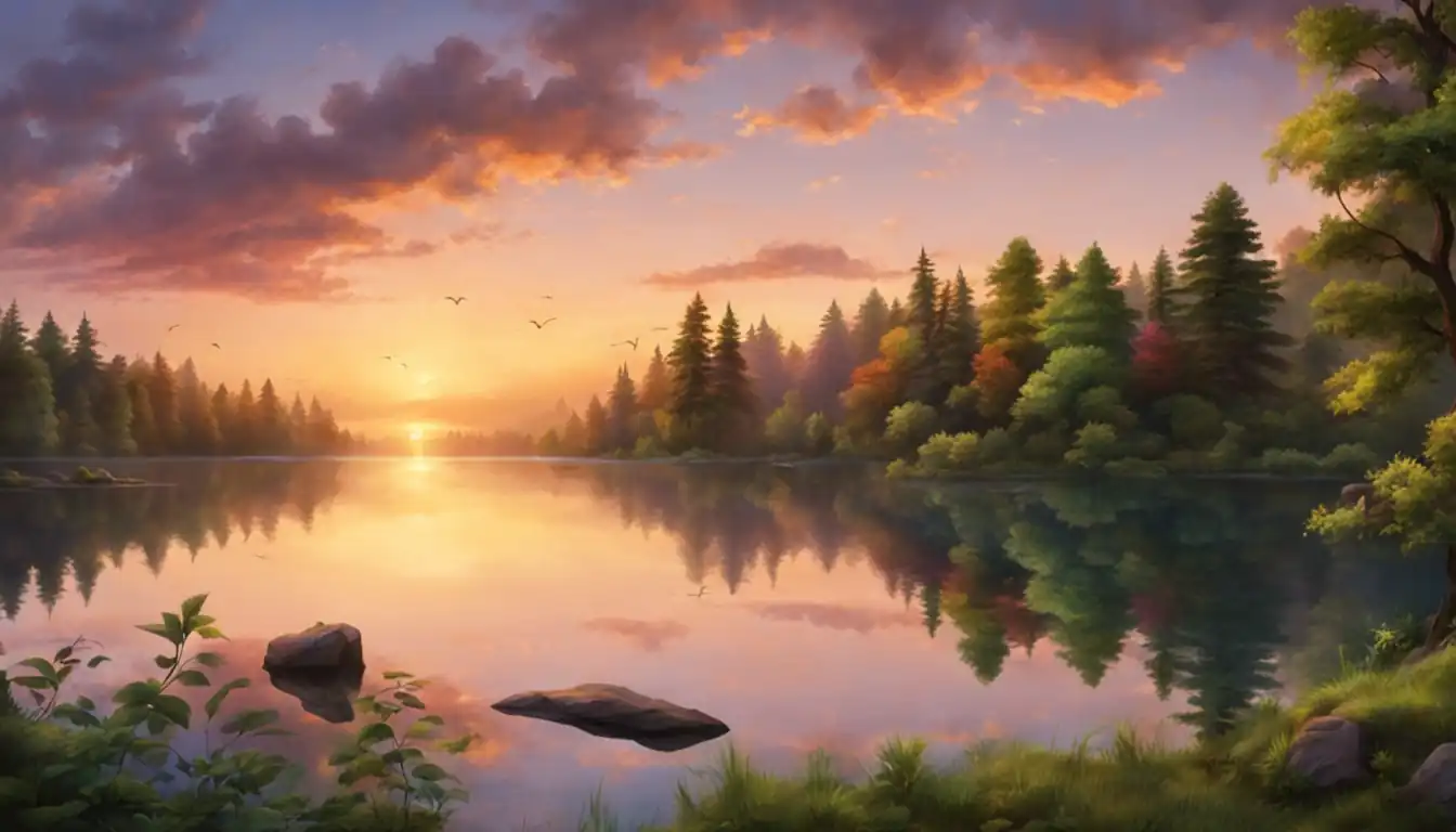 A serene landscape with a colorful sunset reflecting off a calm lake, surrounded by lush green trees.
