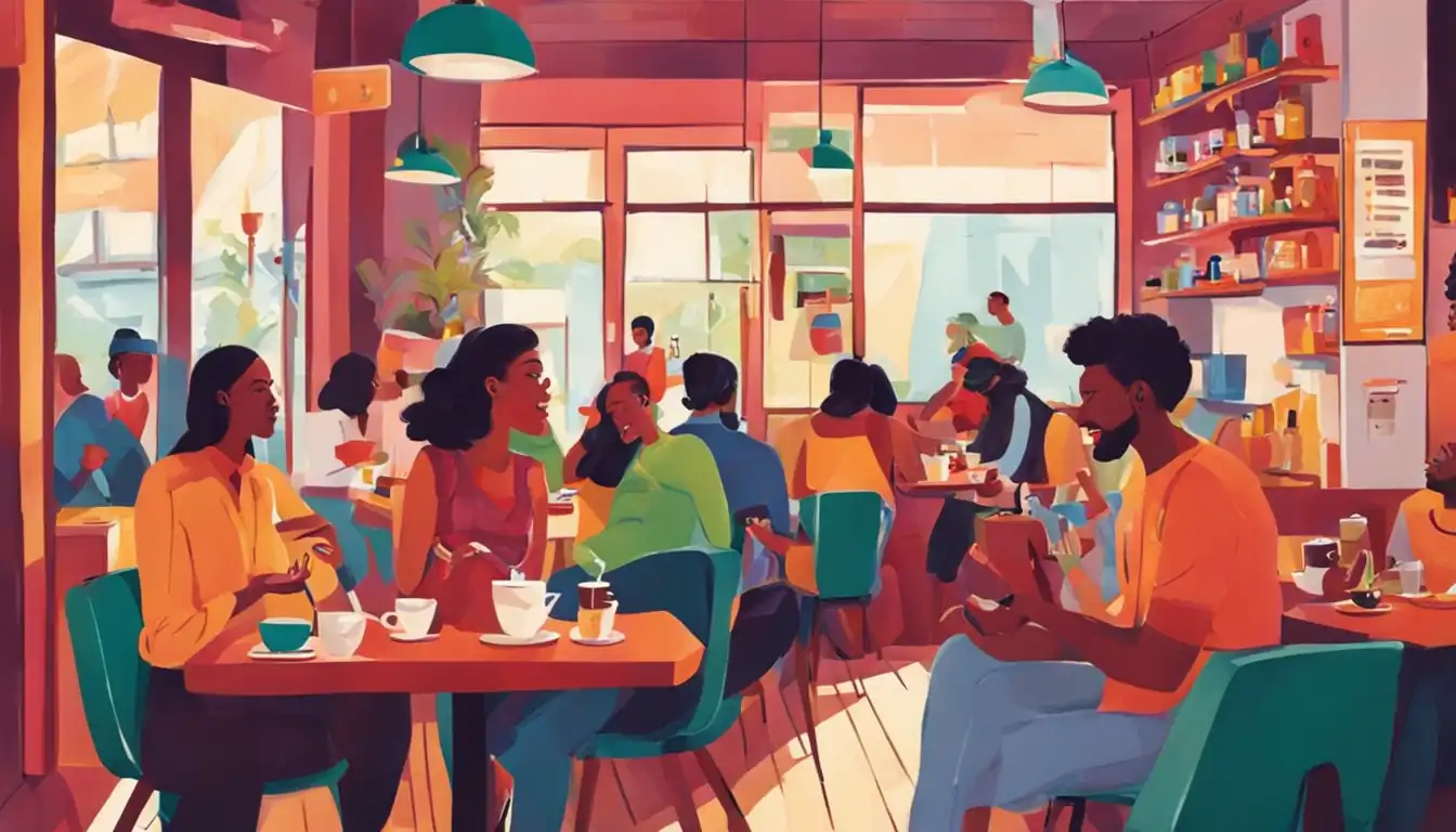 A colorful and vibrant illustration of people engaging in lively conversation at a coffee shop.