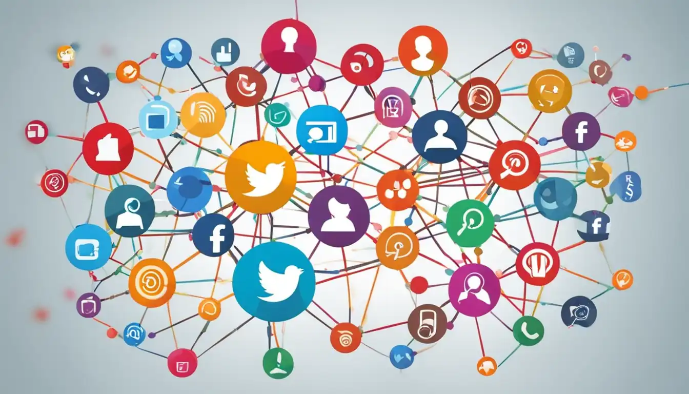 A colorful, interconnected web of social media icons symbolizing effective linking strategies for SEO success.