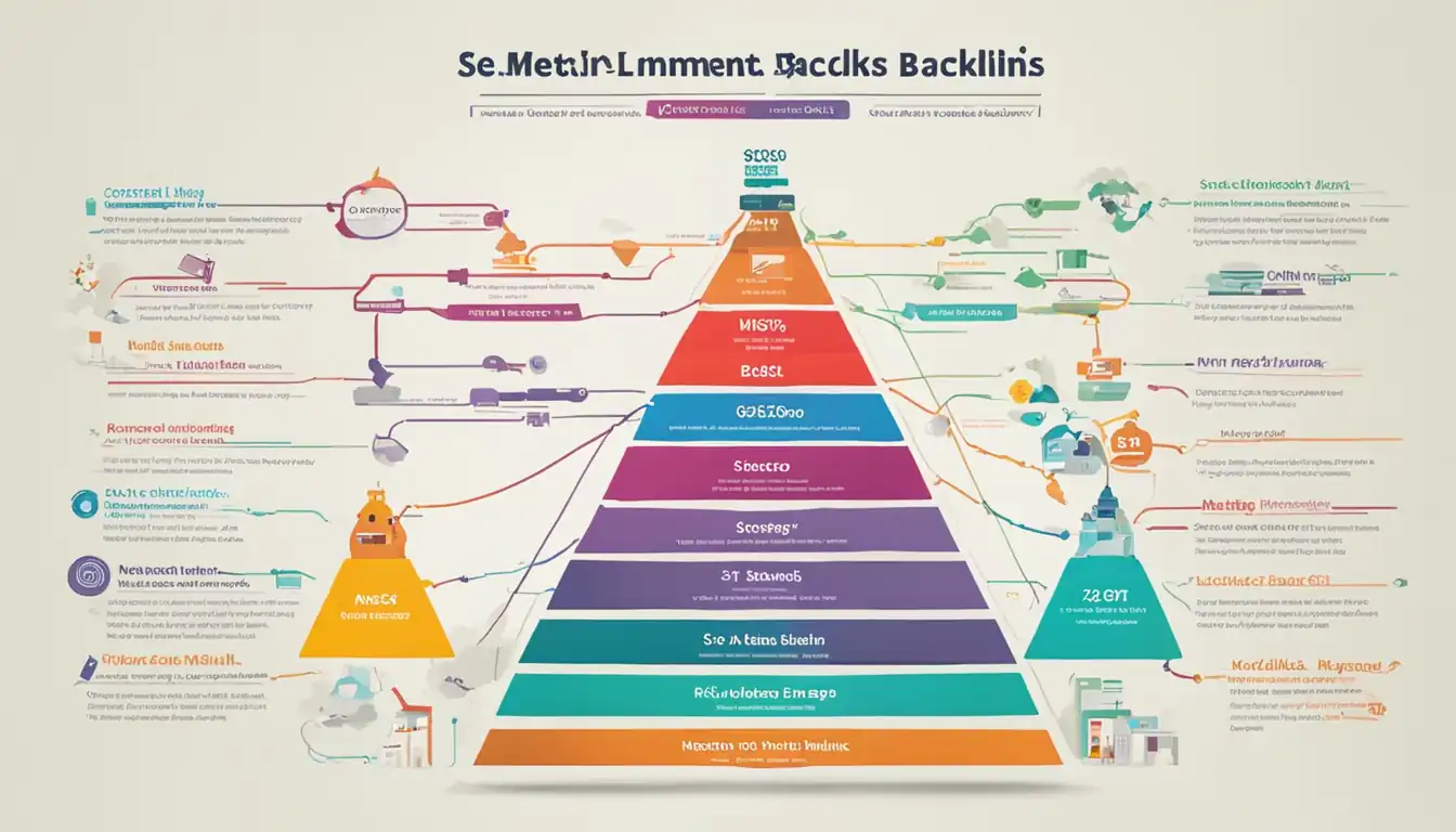 A colorful infographic showing the hierarchy of SEO elements like keywords, backlinks, and meta tags.