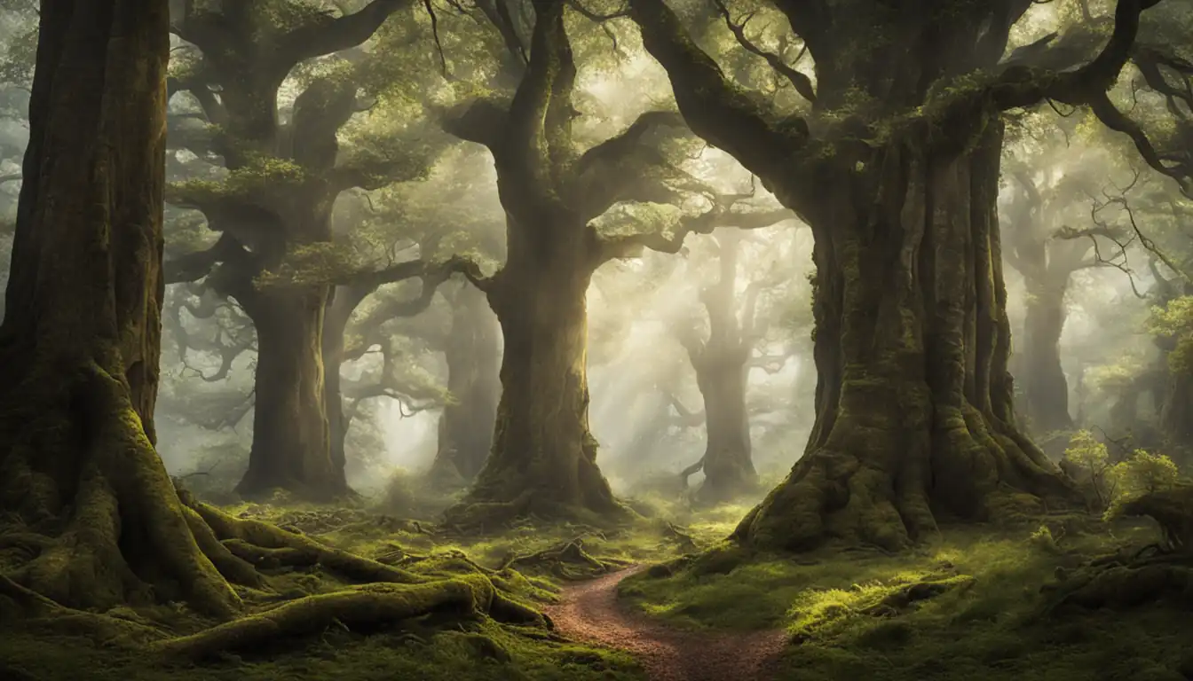 A serene forest with tall, sturdy oak trees standing strong against the test of time.