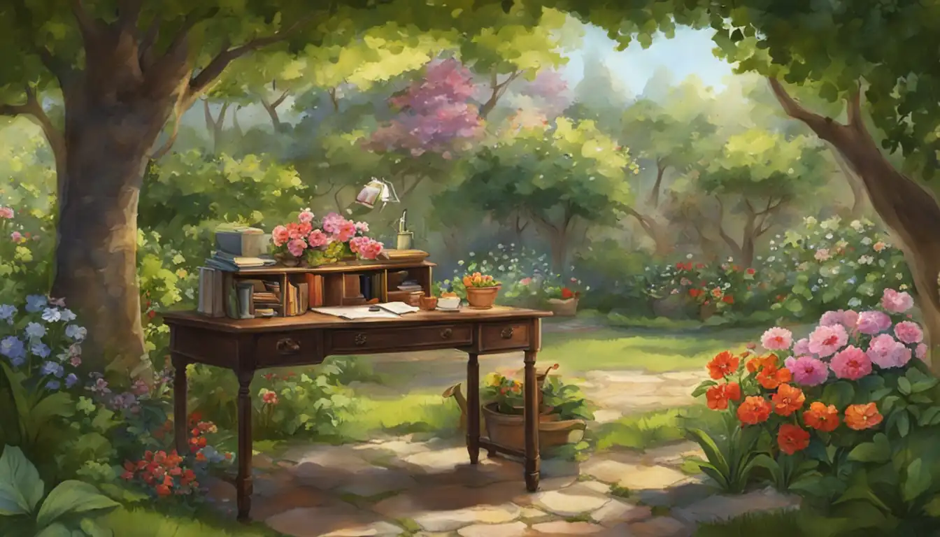 A serene, lush garden with colorful flowers and a peaceful writing desk under a shady tree.
