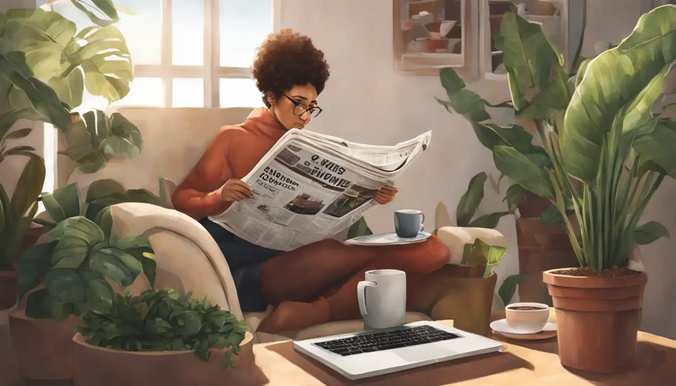 A person reading a newspaper with a cup of coffee, surrounded by plants and a laptop.