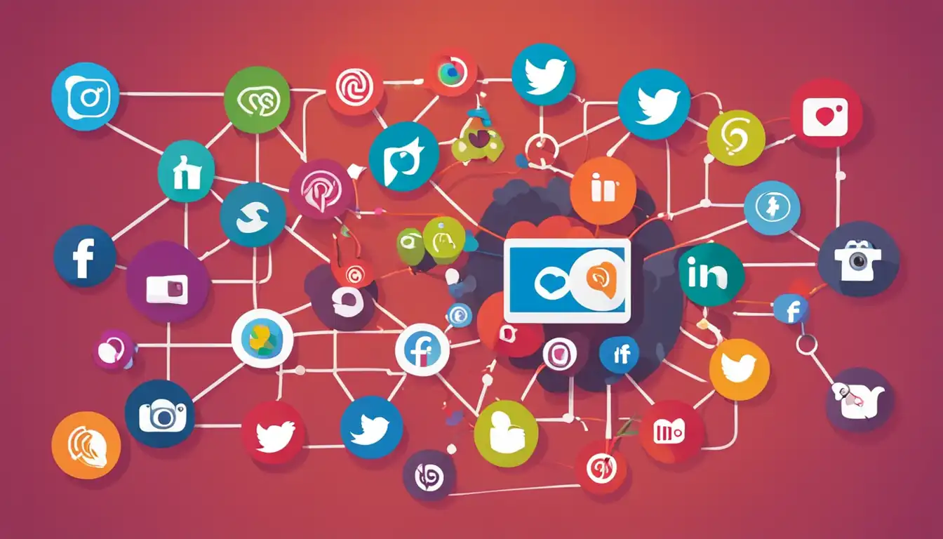 A colorful infographic showing social media icons with SEO-related symbols intertwined, representing digital marketing synergy.