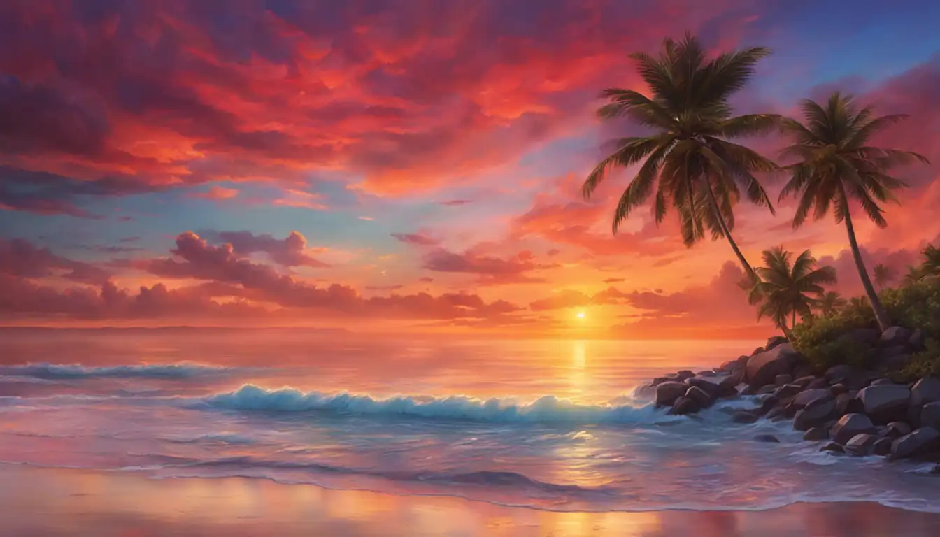 A colorful and vibrant sunset over a serene beach with palm trees and gentle waves.