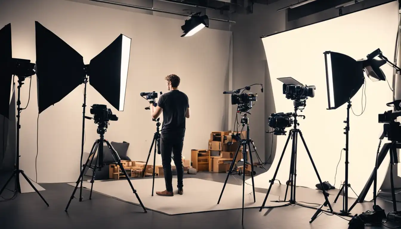 A person creating engaging video content with professional lighting and camera equipment in a modern studio.