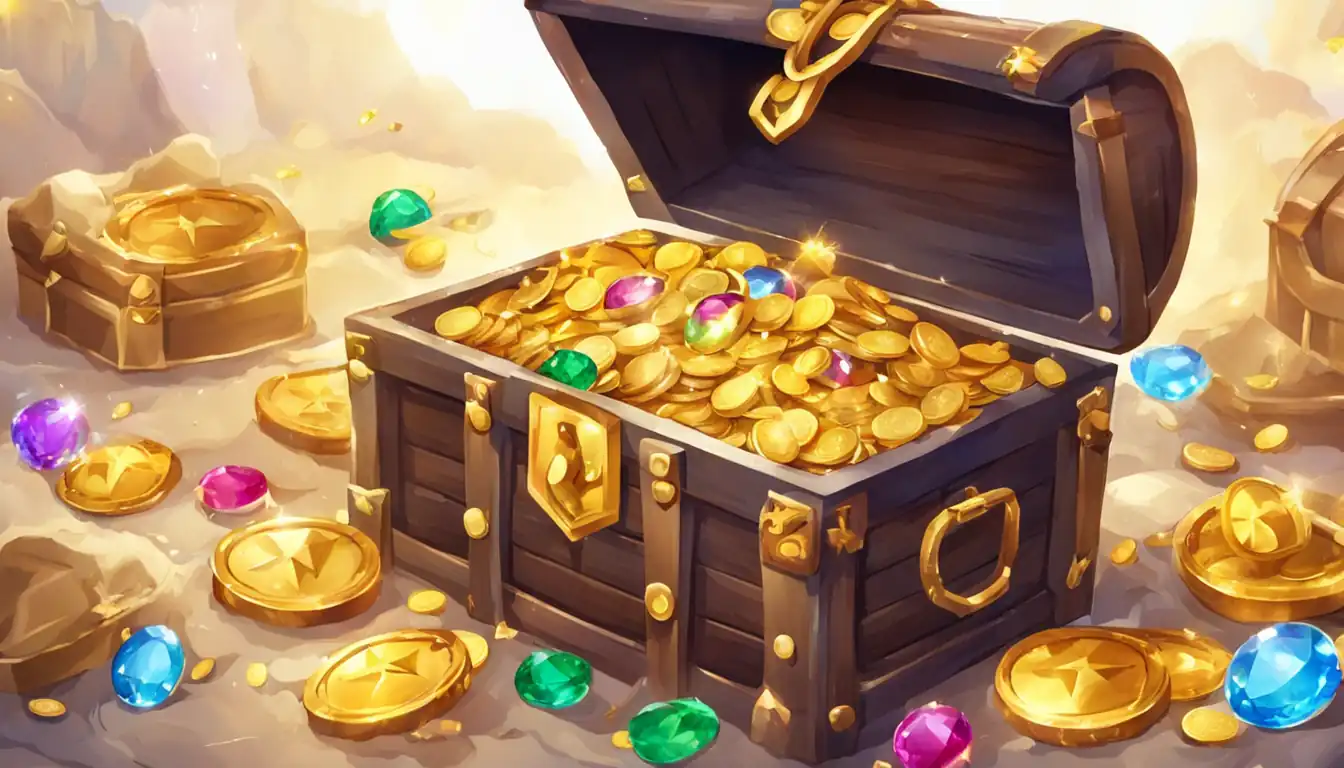A colorful treasure chest overflowing with shining gold coins and sparkling jewels.