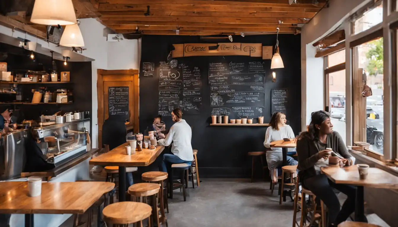 A cozy coffee shop with a chalkboard menu, local artwork, and customers chatting at tables.