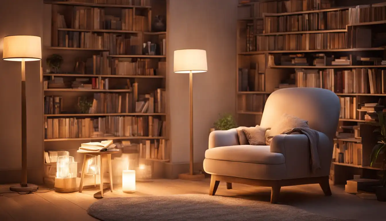 A cozy reading nook with a plush armchair, soft lighting, and a stack of books.