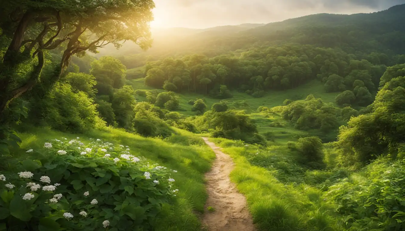 A serene landscape with a clear path leading through lush greenery towards a bright horizon.