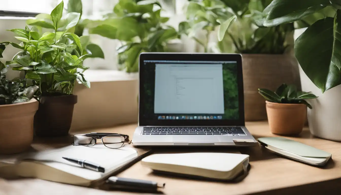 A serene, organized desk with a laptop, notepad, and pen, surrounded by green plants and natural light.