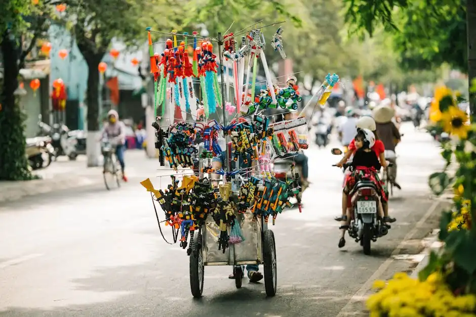 Stall of souvenirs and toys on green wide street