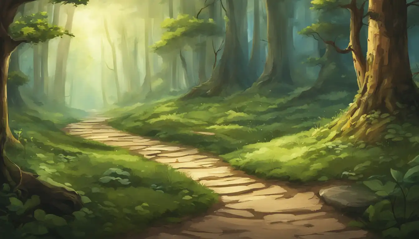 A serene landscape with a winding path through a lush forest, symbolizing the journey of SEO content planning.