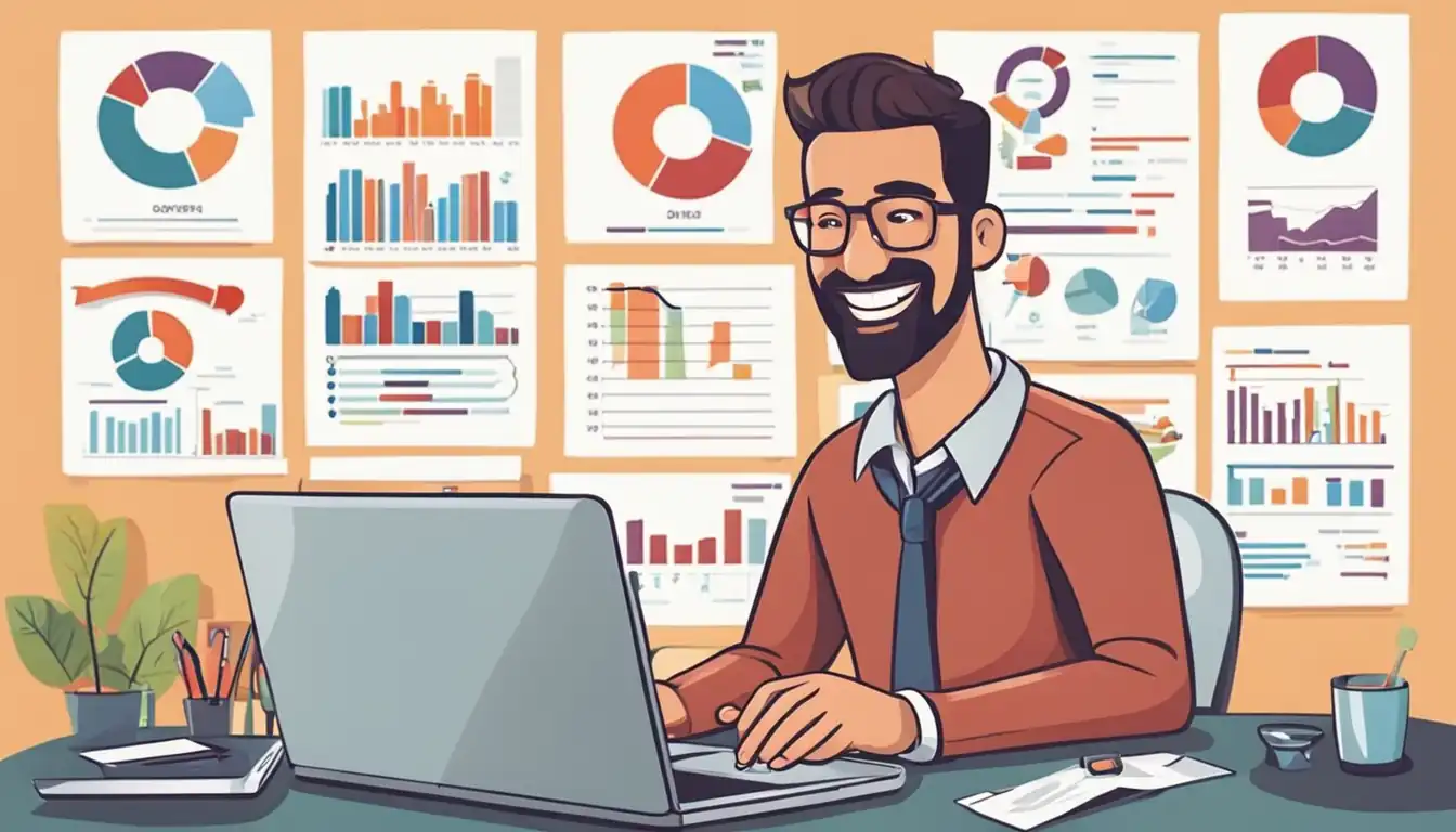 A smiling business owner analyzing SEO data on a laptop, surrounded by charts and graphs.