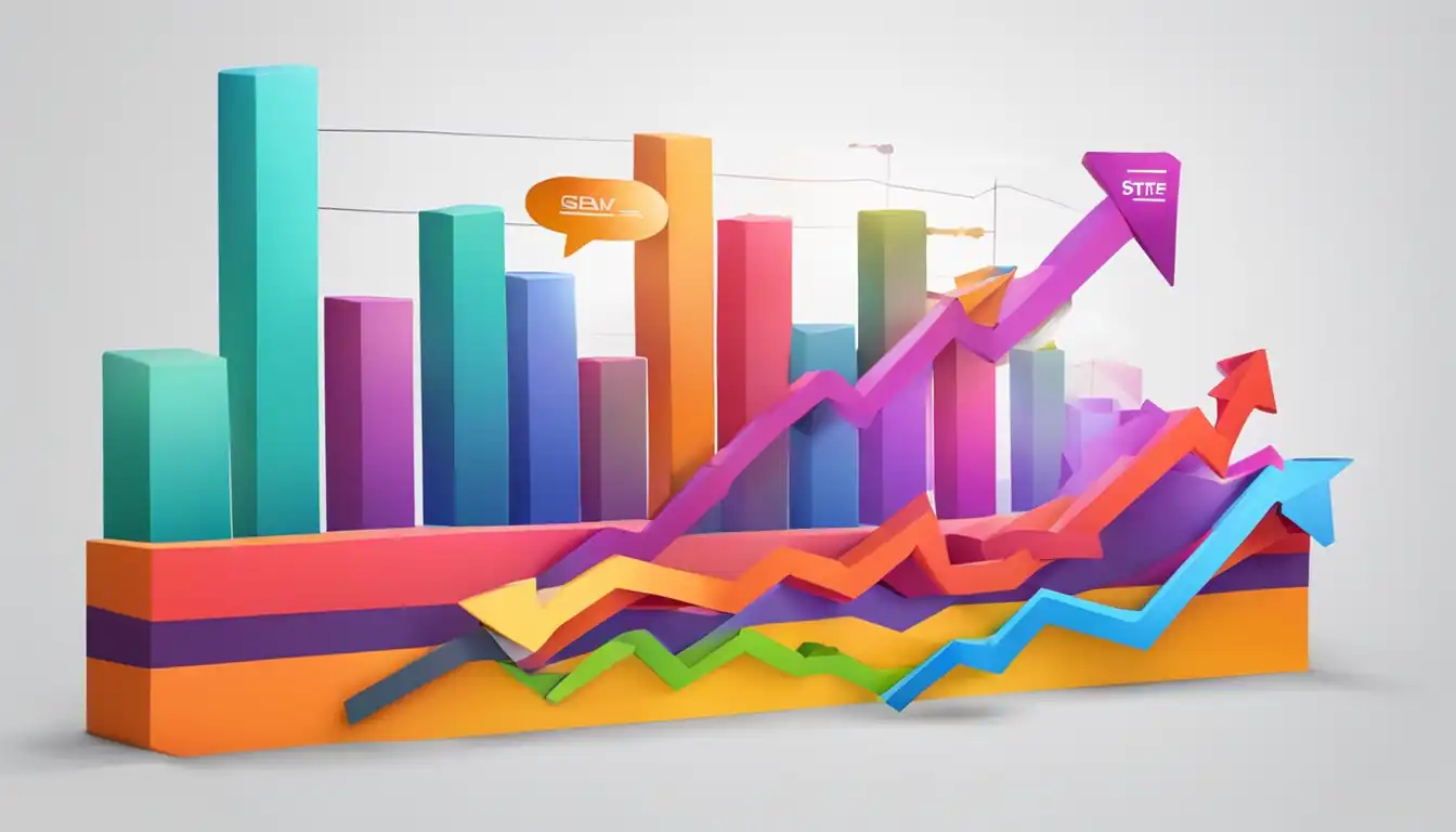 A colorful bar graph showing website traffic growth over time, with upward trend and vibrant colors.