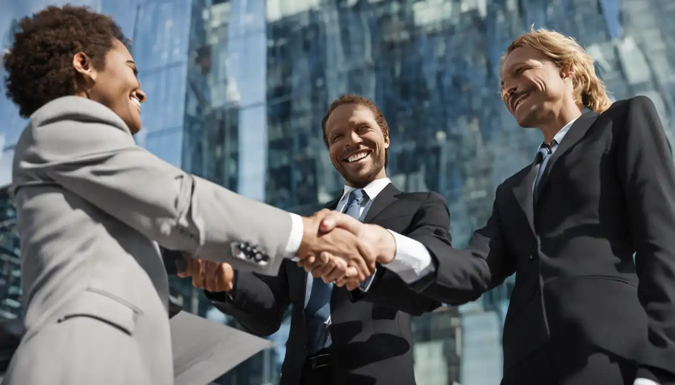 Two business professionals shaking hands in front of a modern office building, smiling and exchanging business cards.