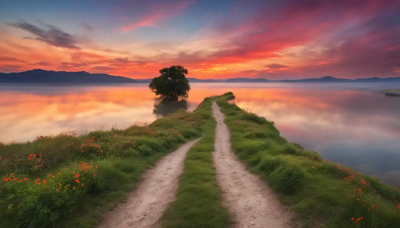 A serene landscape with vibrant colors, showcasing a clear path leading towards a bright horizon.