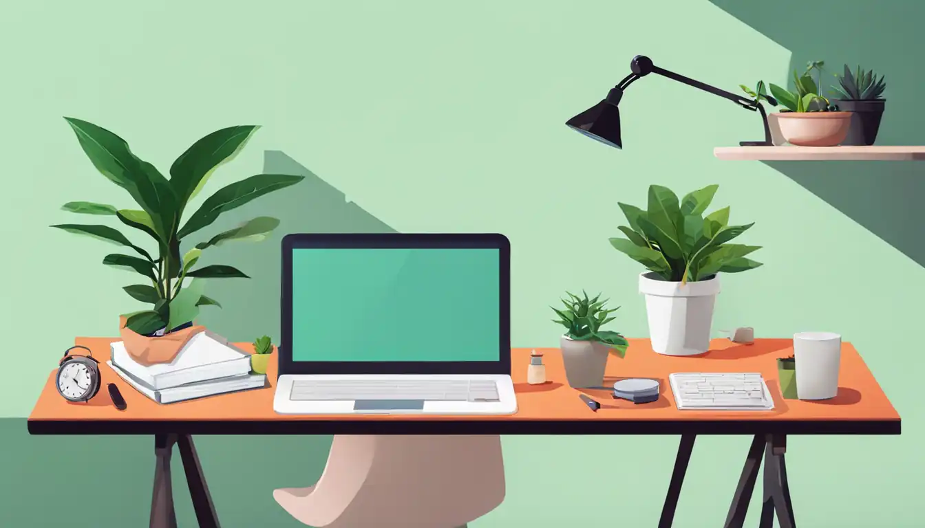 A vibrant, modern workspace with a sleek computer, notebook, and plant for creative content creation.