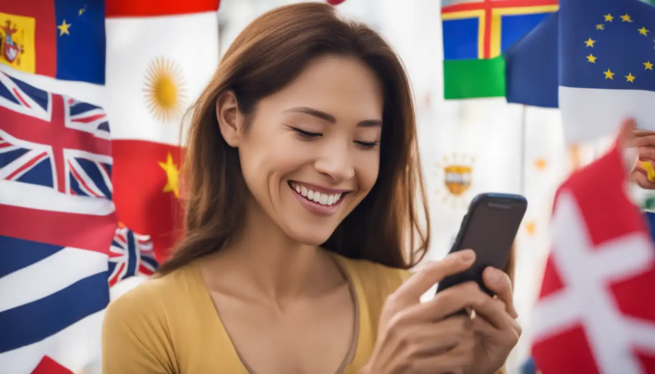 A smiling woman using a smartphone to access a localized website, with flags representing different languages in the background.