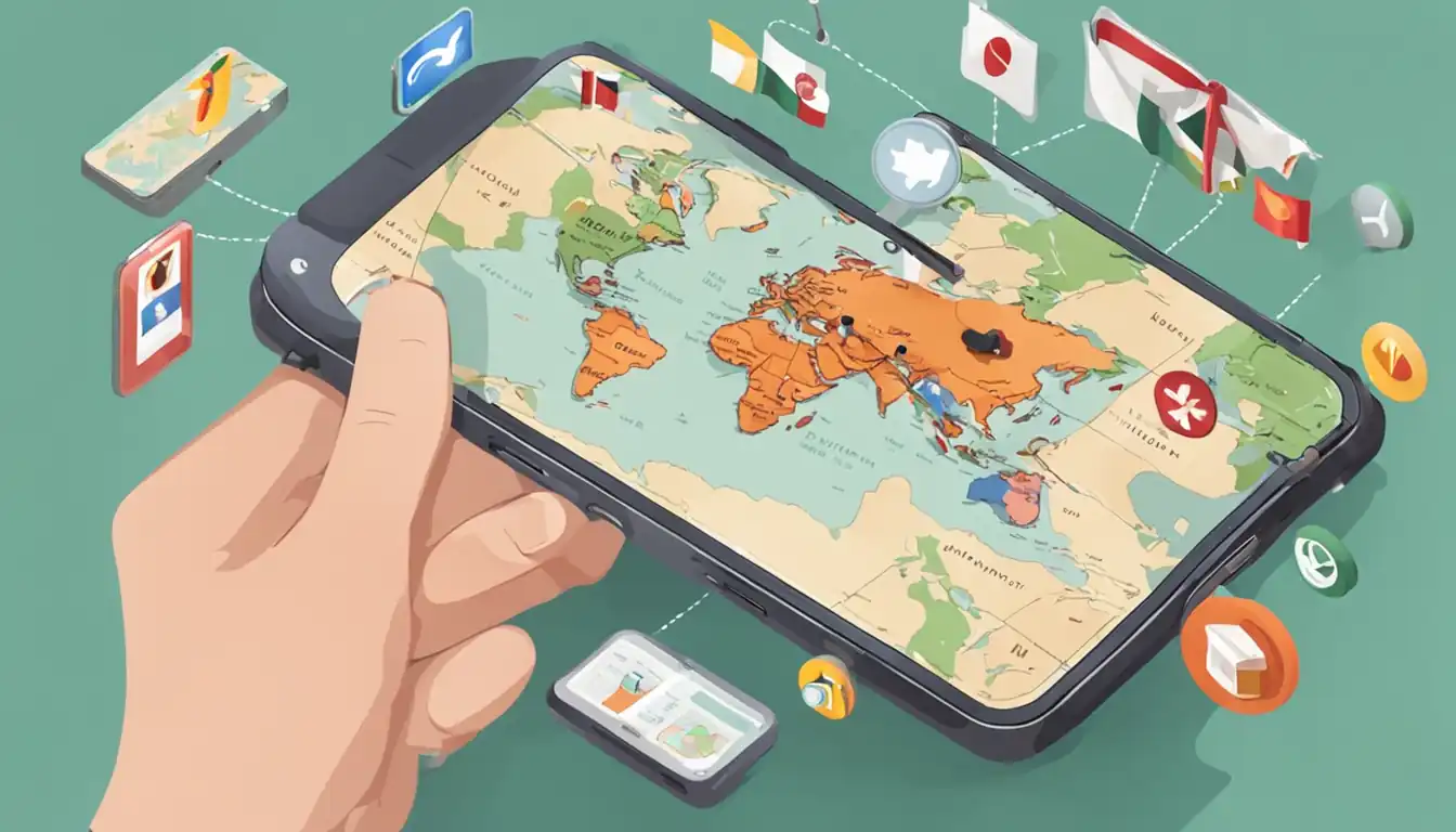 A modern smartphone displaying a world map with various language icons, surrounded by translation tools.