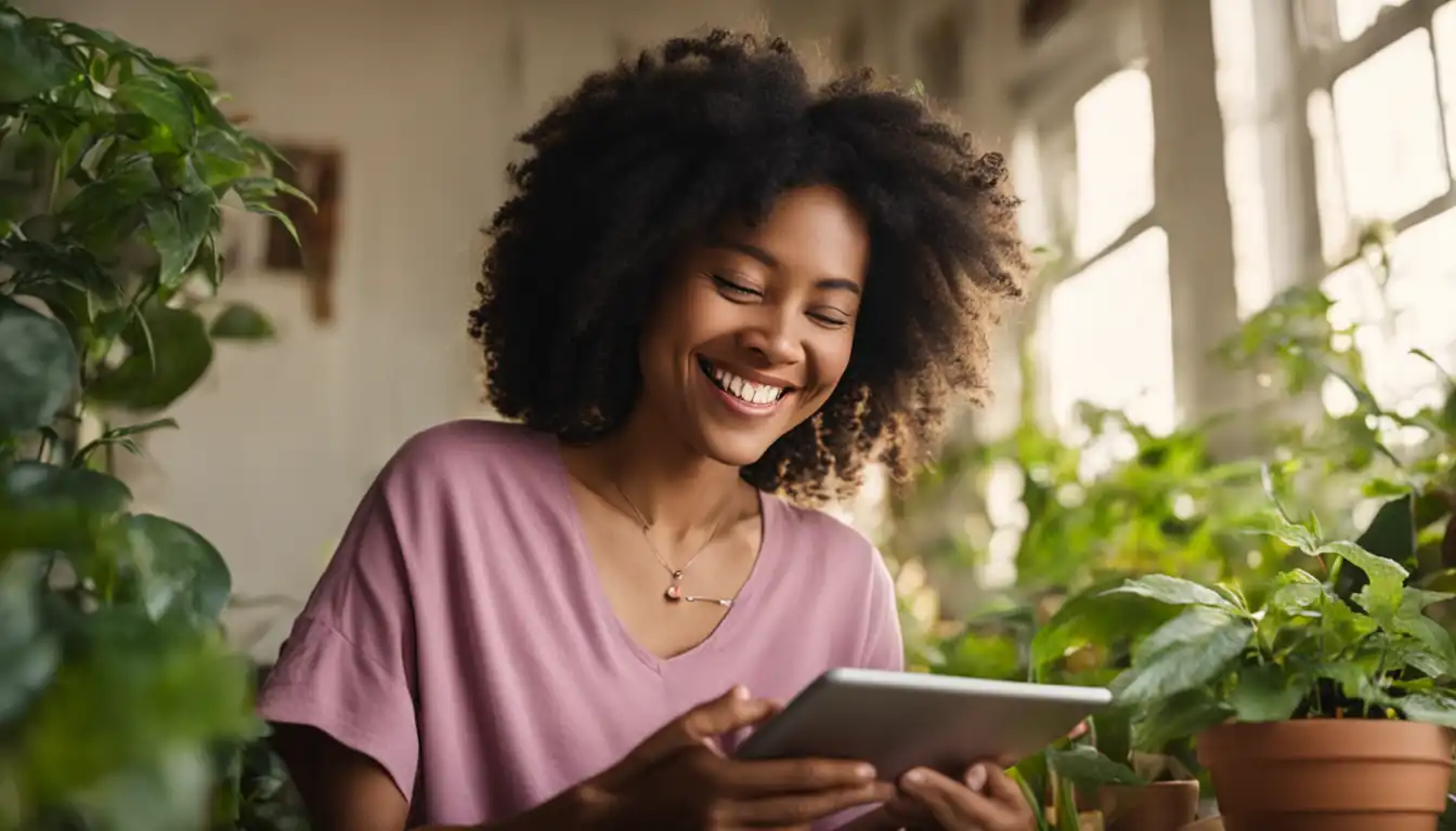 A smiling person reading engaging, colorful content on a tablet, surrounded by plants and natural light.