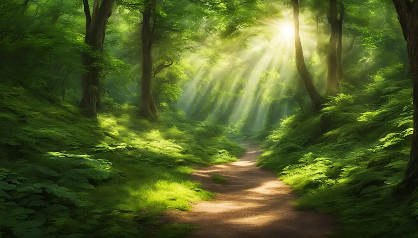 A serene forest path with vibrant green foliage and dappled sunlight filtering through the trees.