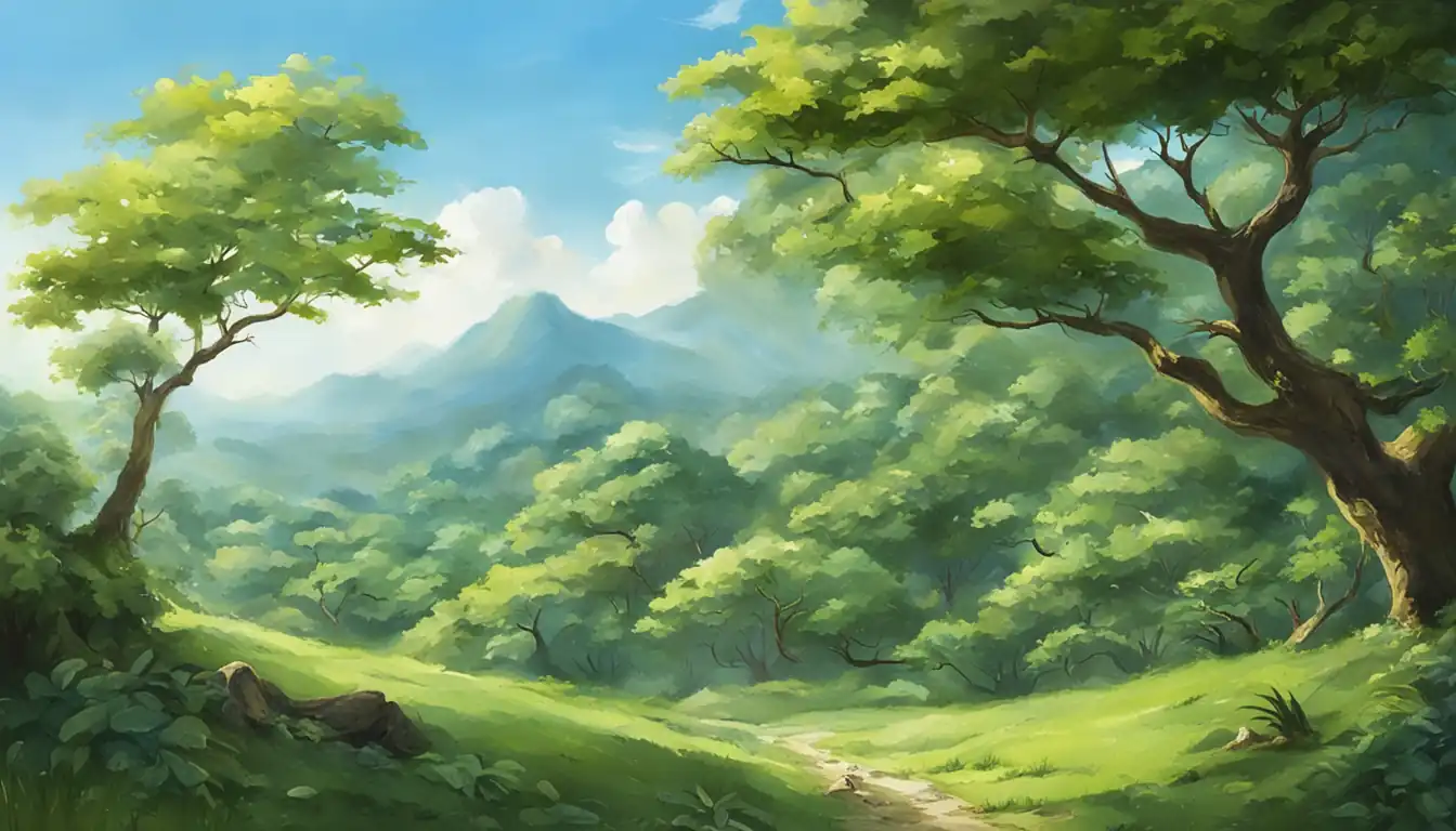 A serene landscape with lush greenery and a clear blue sky, symbolizing renewal and growth.