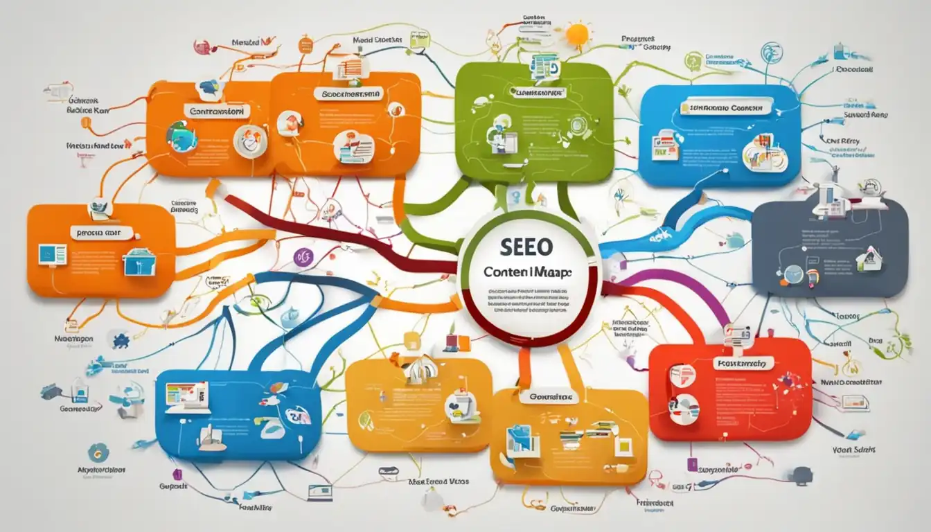 A colorful mind map with interconnected branches representing various content topics and opportunities for SEO strategy.