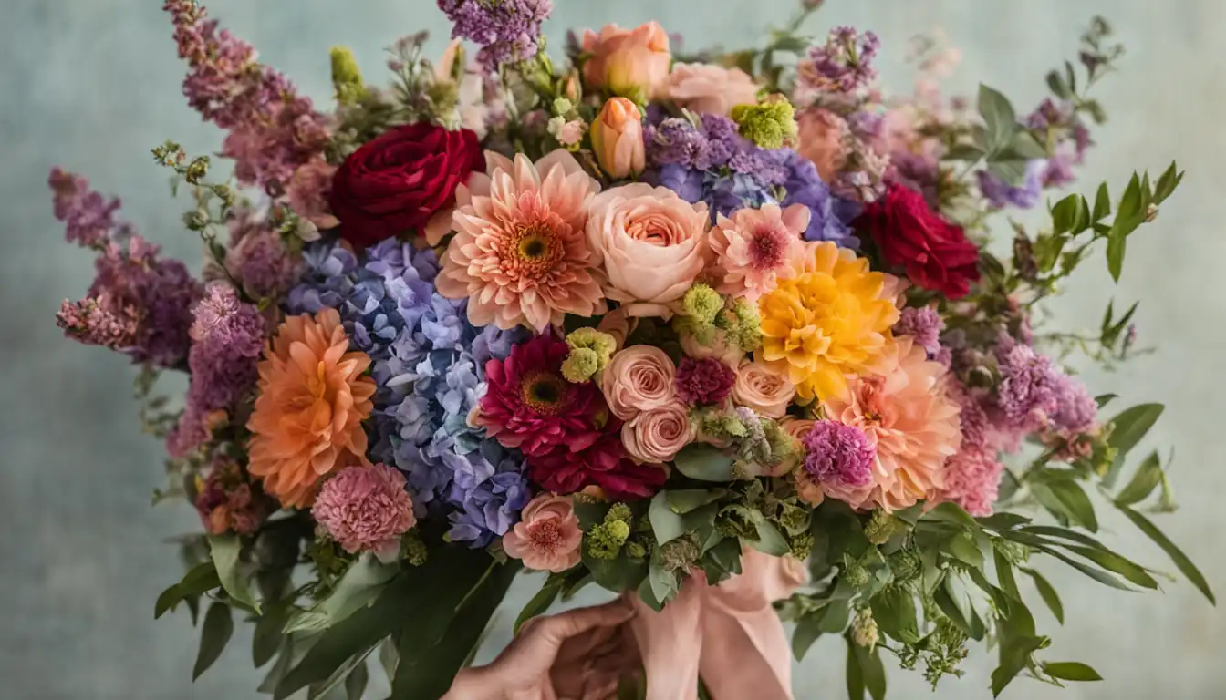 A person carefully selecting and arranging colorful flowers in a beautifully designed bouquet.