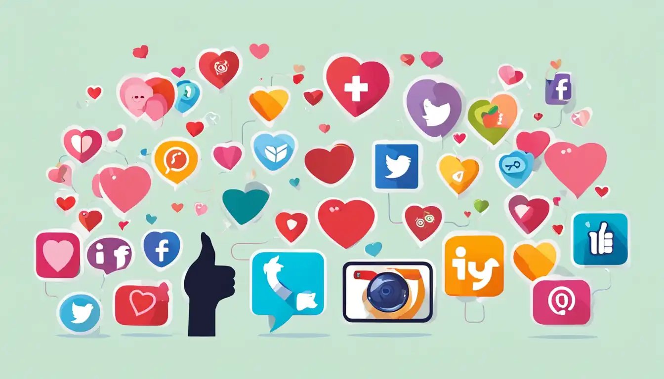 A colorful infographic showing social media icons like thumbs up, hearts, and share buttons.