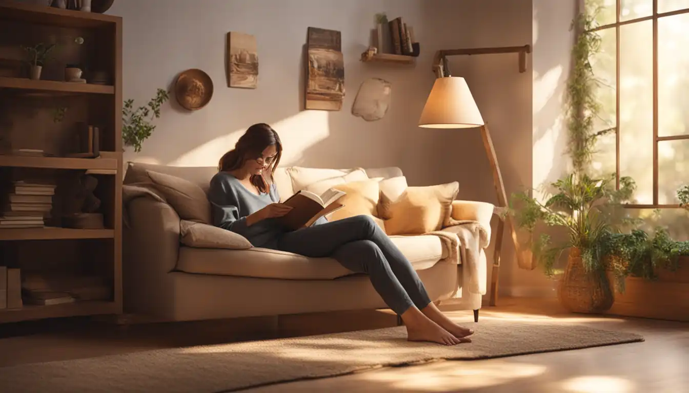 A person engrossed in reading a captivating article, surrounded by cozy decor and natural light.