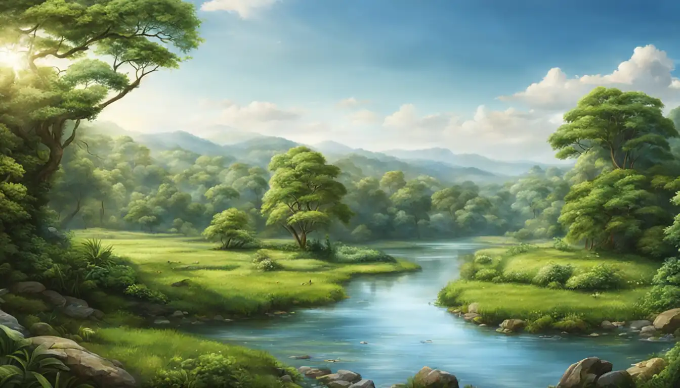 A serene landscape with lush greenery, a flowing river, and a clear blue sky.