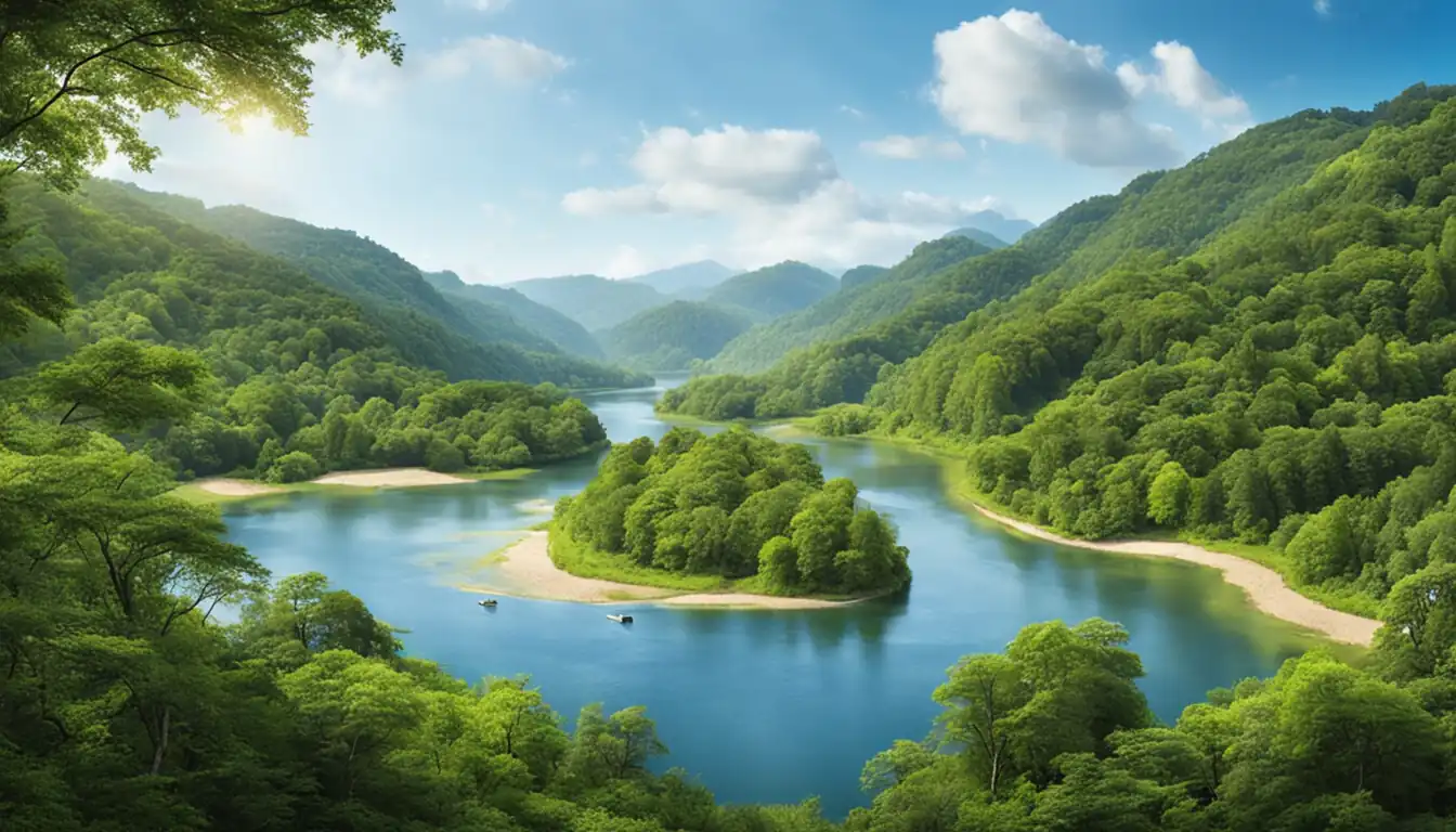 A serene landscape with a winding river surrounded by lush green forests under a clear blue sky.