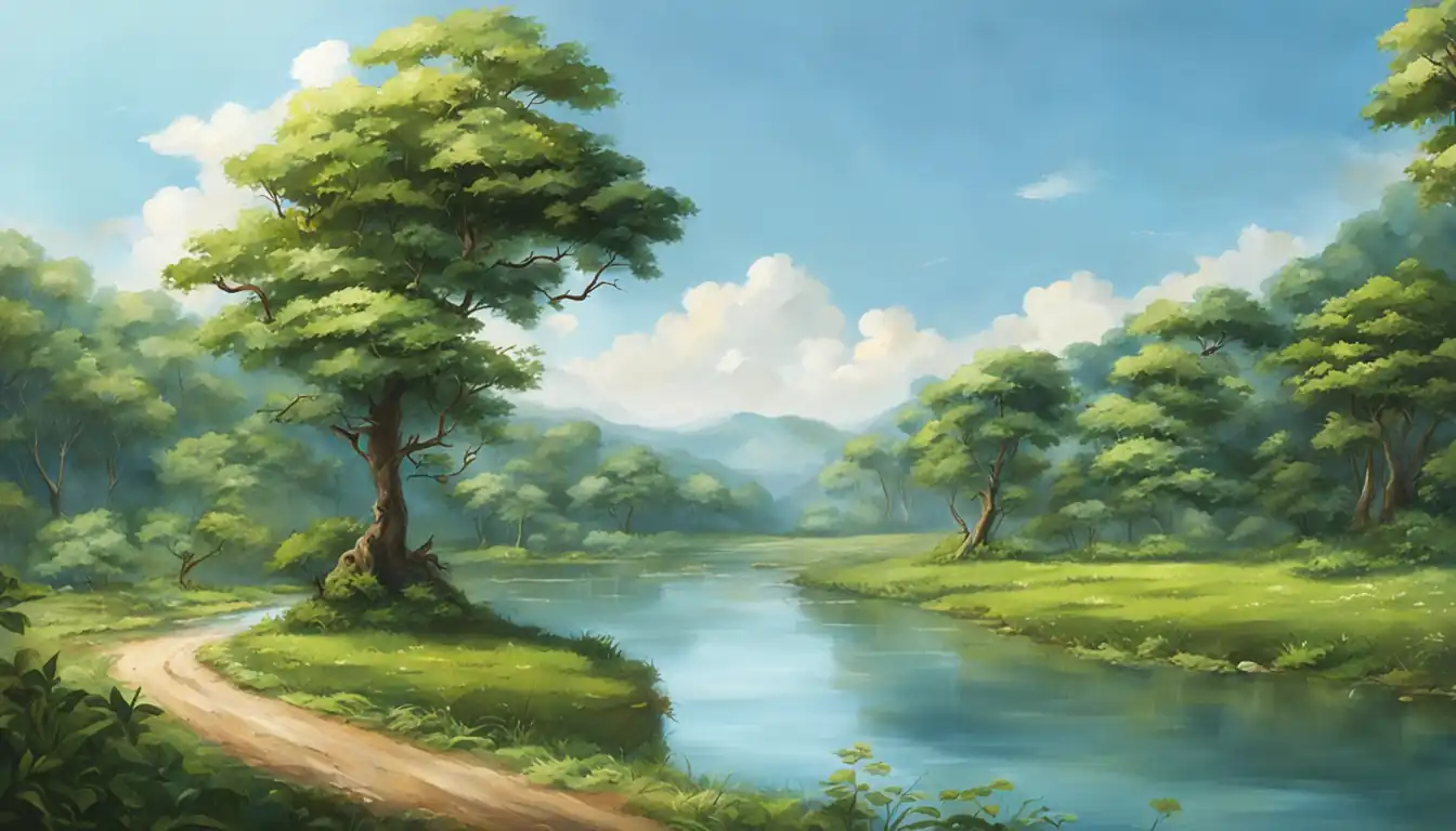A serene landscape with a winding river, lush greenery, and a clear blue sky.