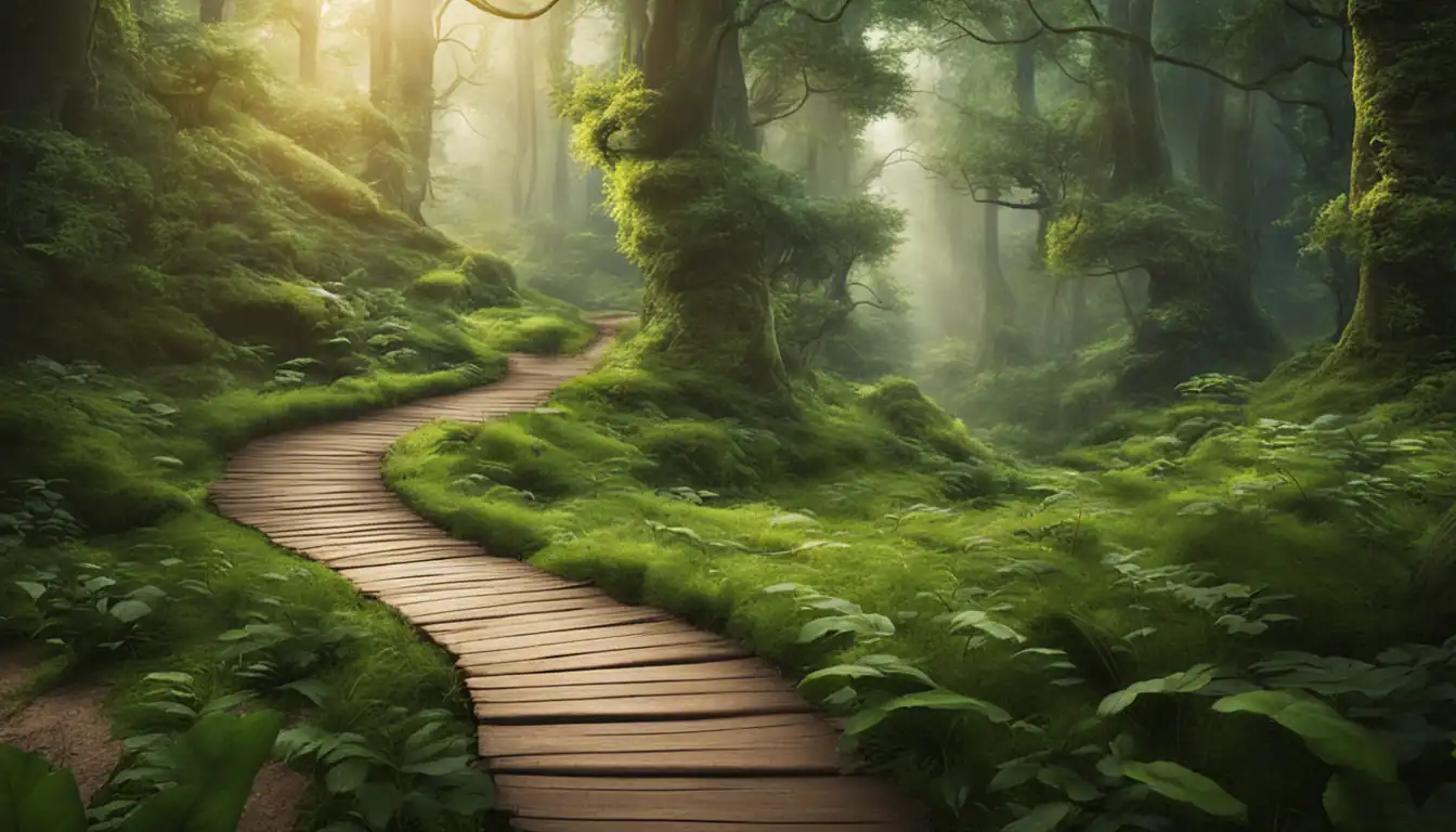 A serene landscape with a winding path through a lush forest, symbolizing the journey of content length optimization.