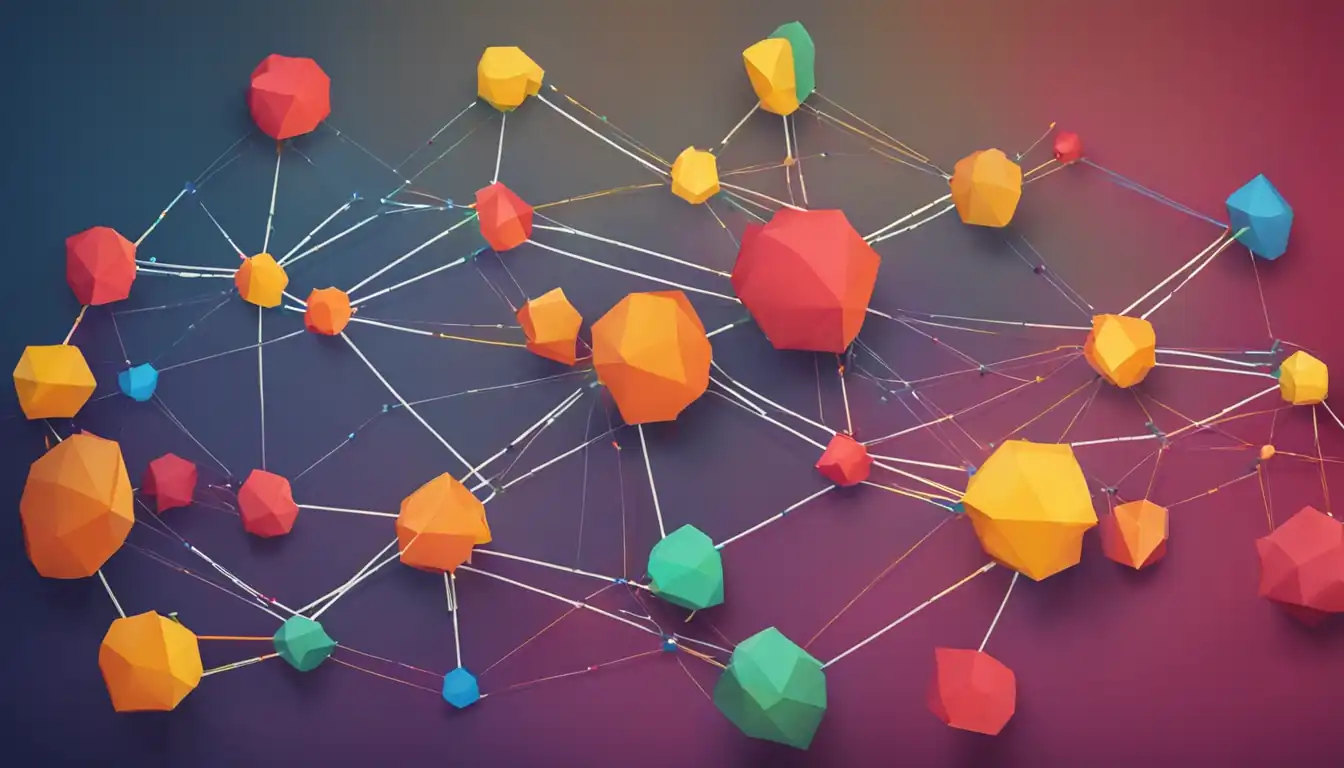 A colorful network of interconnected nodes representing different topics, illustrating the concept of SEO content clustering.