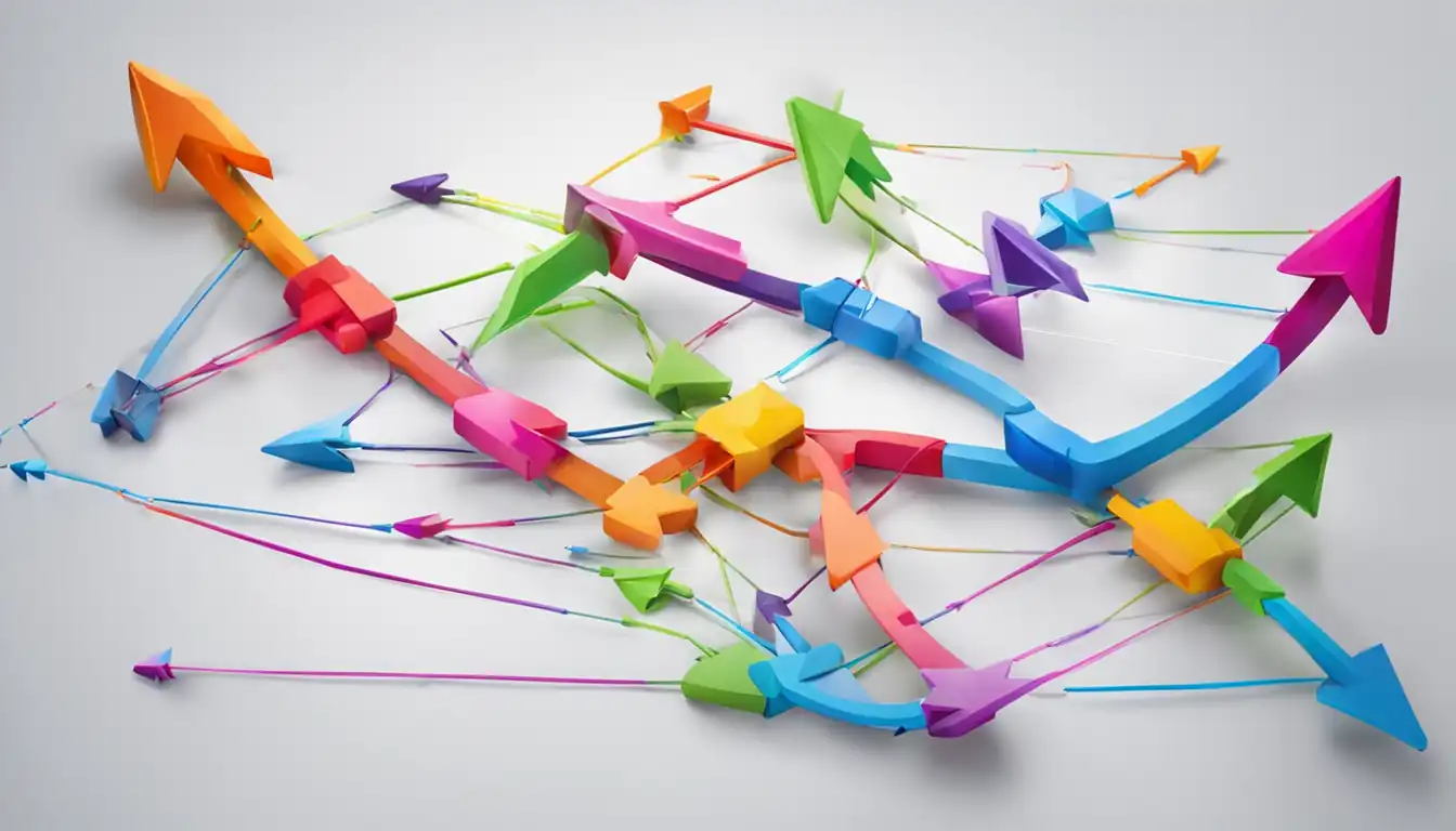 A network of colorful arrows connecting various web pages, illustrating the impact of interlinking efforts for SEO.