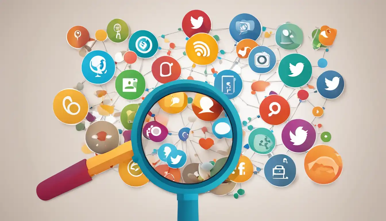 A colorful social media network icon integrated with a magnifying glass symbolizing SEO benefits.
