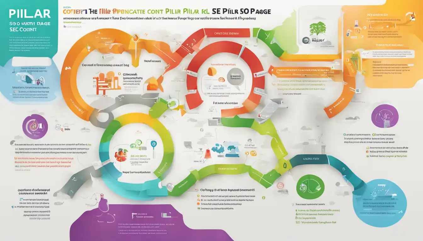 A colorful and organized infographic showing the interconnected structure of a well-designed SEO content pillar page.